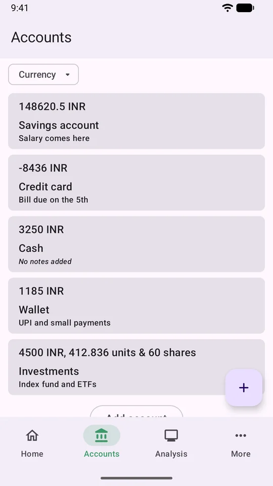 Accounts list with savings, credit card, cash, wallet and investment balances