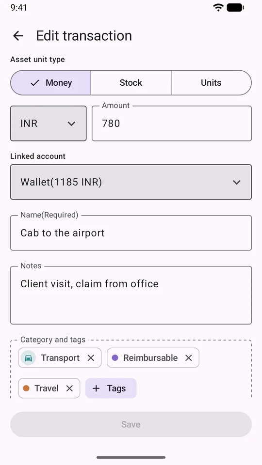 Editing a transaction with an amount, linked account, notes, a category and tags